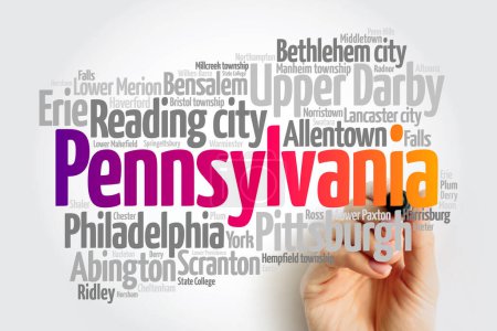 Photo for List of cities in Pennsylvania USA state, map silhouette word cloud map concept background - Royalty Free Image