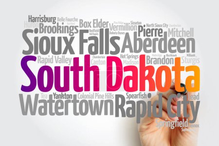 Photo for List of cities in South Dakota USA state, map silhouette word cloud map concept background - Royalty Free Image