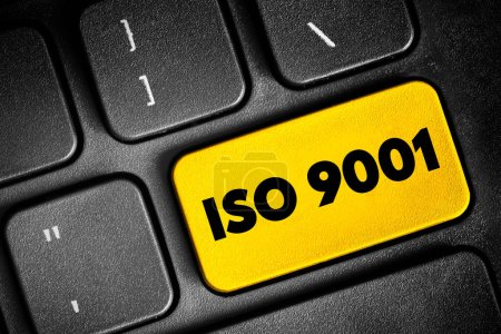 Photo for ISO 9001 - international standard that specifies requirements for a quality management system, text concept button on keyboard - Royalty Free Image