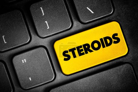 Photo for Steroids is a biologically active organic compound with four rings arranged in a specific molecular configuration, text button on keyboard, concept background - Royalty Free Image