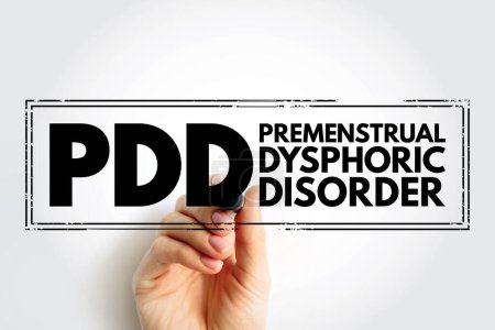Photo for PDD Premenstrual Dysphoric Disorder - mood disorder characterized by emotional, cognitive, and physical symptoms during the luteal phase of the menstrual cycle, acronym text stamp - Royalty Free Image