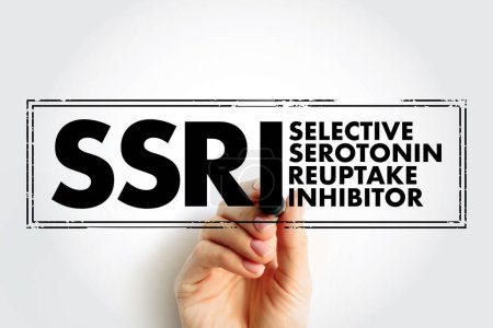 Photo for SSRI Selective Serotonin Reuptake Inhibitor - class of drugs that are typically used as antidepressants in the treatment of major depressive disorders, acronym text concept stamp - Royalty Free Image
