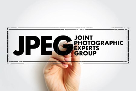 Photo for JPEG Joint Photographic Experts Group is an group of experts that develops and maintains standards for a suite of compression algorithms for computer image files, acronym text concept background - Royalty Free Image