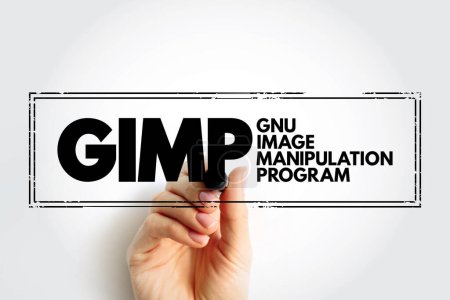 Foto de Programa de manipulación de imágenes GIMP Gnu: editor de gráficos raster gratuito y de código abierto utilizado para la manipulación de imágenes y la edición de imágenes, fondo de concepto de texto de acrónimo de sello - Imagen libre de derechos