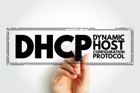 Foto de DHCP - Dynamic Host Configuration Protocol es un protocolo de administración de red utilizado en redes de protocolo de Internet para asignar automáticamente direcciones IP, acrónimo de texto de fondo - Imagen libre de derechos