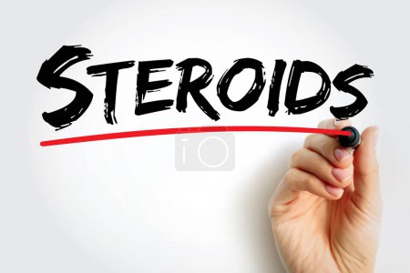 Photo for Steroids is a biologically active organic compound with four rings arranged in a specific molecular configuration, text concept background - Royalty Free Image