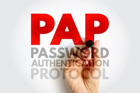 Foto de Protocolo de autenticación de contraseña PAP - protocolo de autenticación basado en contraseña utilizado por Point to Point Protocol para validar usuarios, fondo de concepto de texto acrónimo - Imagen libre de derechos