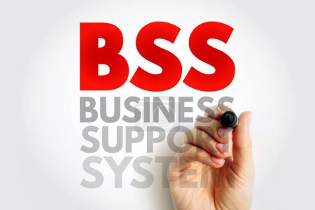 Foto de BSS Business Support System - componentes que un proveedor de servicios de telecomunicaciones utiliza para ejecutar sus operaciones comerciales hacia los clientes, acrónimo de fondo concepto de texto - Imagen libre de derechos