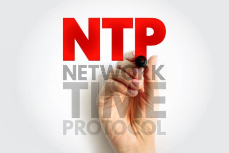 Foto de Protocolo de tiempo de red NTP: protocolo de red para la sincronización de reloj entre sistemas informáticos a través de redes de datos de latencia variable, conmutadas por paquetes, fondo de concepto de texto acrónimo - Imagen libre de derechos