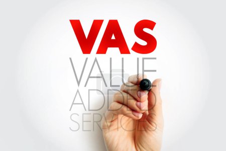 VAS Value-Added Services - popular telecommunications industry term for non-core services, beyond standard voice calls, acronym text concept background