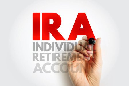 IRA - Cuenta de jubilación individual es una forma de pensión proporcionada por muchas instituciones financieras que proporciona ventajas fiscales para el ahorro de jubilación, fondo de concepto de texto acrónimo