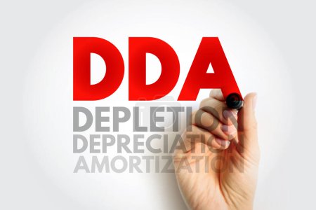 DDA Depletion Depreciation Amortization - Abschreibungsmethode, die ein Unternehmen anwendet, um die Kosten eines Vermögenswertes an die Einnahmen des Vermögenswertes anzupassen, Akronym Textkonzept Hintergrund