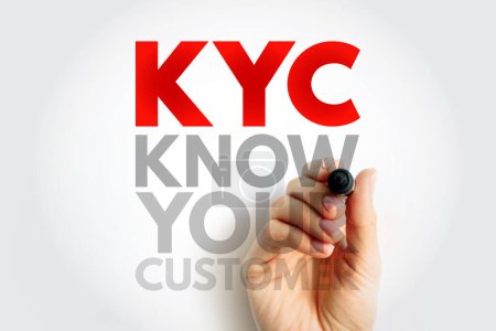 KYC Know Your Customer - guidelines in financial services to verify the identity, suitability, and risks, acronym text concept background