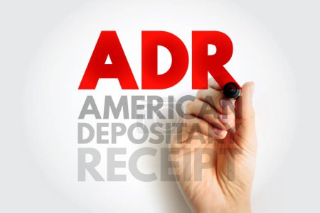 Foto de ADR American Depositary Receipt - certificado emitido por un banco estadounidense que representa acciones en acciones extranjeras, fondo de concepto de texto acrónimo - Imagen libre de derechos