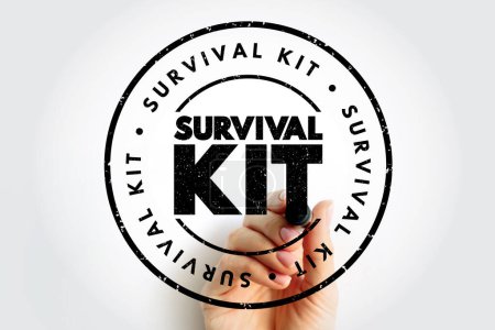 Survival Kit - package of basic tools and supplies prepared as an aid to survival in an emergency, text concept stamp