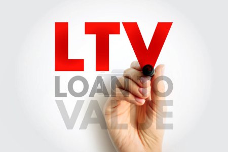 LTV Préstamo a Valor - relación de un préstamo con el valor de un activo comprado, fondo de concepto de texto acrónimo