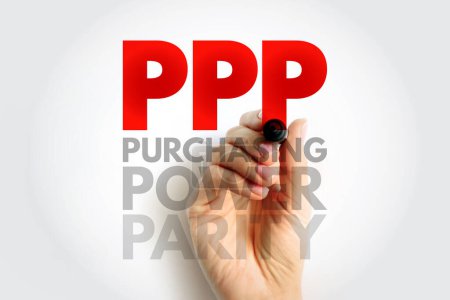 PPP Paridad de poder adquisitivo - medición de precios en diferentes países que utiliza los precios de bienes específicos, fondo de concepto de texto acrónimo
