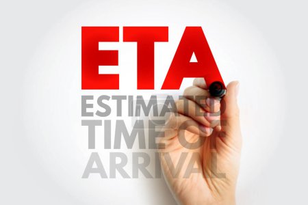 Photo for ETA Estimated Time of Arrival - time when a ship, vehicle, aircraft, cargo, emergency service, or person is expected to arrive at a certain place, acronym text concept background - Royalty Free Image