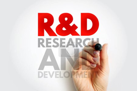 R and D - Research and Development is activities that companies undertake to innovate and introduce new products and services, acronym text concept background