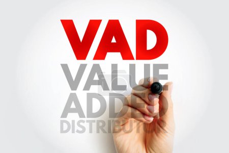 VAD Value Added Distributor - offre des services et des solutions différenciantes qui offrent des avantages supplémentaires à leurs clients, fond de concept de texte acronyme