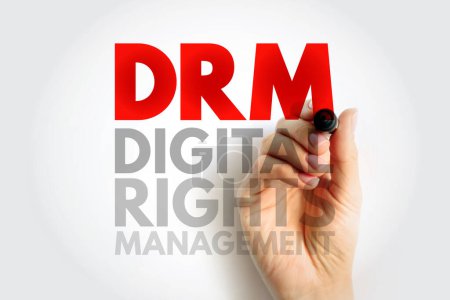 DRM Digital Rights Management - eine Reihe von Zugangskontrolltechnologien zur Beschränkung der Nutzung proprietärer Hardware und urheberrechtlich geschützter Werke, Akronym Textkonzept Hintergrund