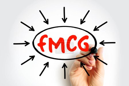 FMCG Fast Moving Consumer Goods - products that are sold quickly and at a relatively low cost, acronym text with arrows