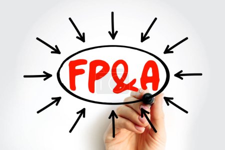 FP y A - Planificación Financiera y Análisis, conjunto de actividades que apoyan la salud financiera de una organización, texto acrónimo con flechas
