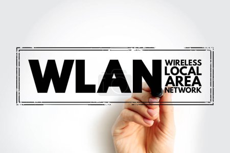 WLAN - Wireless Local Área Network es un método de distribución inalámbrica para dos o más dispositivos, sello de concepto de texto acrónimo