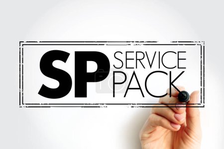 SP - Service Pack una colección de actualizaciones, correcciones o mejoras a un programa de software entregado en forma de un solo paquete instalable, sello de concepto de texto acrónimo