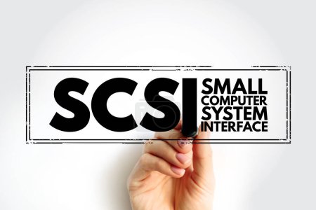 SCSI - Small Computer System Interface is a set of standards for physically connecting and transferring data, acronym stamp concept background