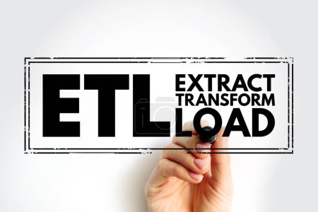 ETL - Extract Transform Load is a three-phase process where data is extracted, transformed and loaded into an output data container, acronym stamp technology concept background