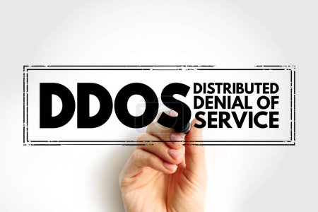 DDoS - Distributed Denial of Service Angriff tritt auf, wenn mehrere Maschinen zusammen arbeiten, um ein Ziel anzugreifen, Akronym Stempel Internet-Konzept Hintergrund
