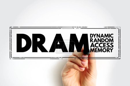 DRAM - Dynamic Random Access Memory es un tipo de memoria semiconductora de acceso aleatorio que almacena cada bit de datos en una celda de memoria, fondo de concepto de tecnología de sello de acrónimo