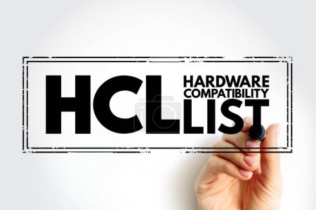 Téléchargez les photos : HCL - Hardware Compatibility List est une base de données de modèles matériels et leur compatibilité avec un certain système d'exploitation, timbre acronyme technologie concept arrière-plan - en image libre de droit