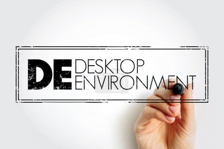 DE - Desktop Environment is an implementation of the desktop metaphor made of a bundle of programs running on top of a computer operating system, acronym concept stamp