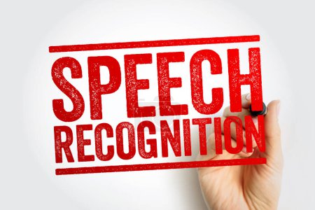 El reconocimiento de voz es la capacidad de una máquina o programa para identificar palabras habladas en voz alta y convertirlas en texto legible, fondo de concepto de sello de texto