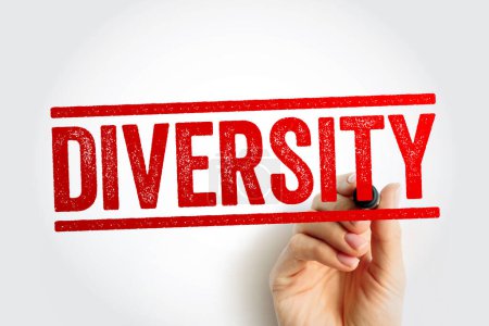 Diversity - the practice of including or involving people from a range of different social and ethnic backgrounds and of different genders, sexual orientations, text stamp concept background