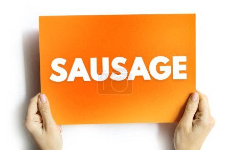 Sausage - type of meat product made from ground meat, pork, beef, or poultry with salt and spices, text concept on card