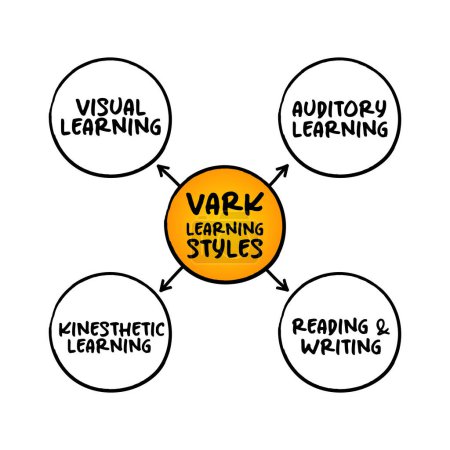 Téléchargez les illustrations : Le modèle VARK Learning Styles a été conçu pour aider les étudiants et les autres à en apprendre davantage sur leurs préférences d'apprentissage individuelles, le concept de carte mentale de l'acronyme pour les présentations et les rapports. - en licence libre de droit
