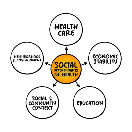 Ilustración de Determinantes sociales de la salud: condiciones económicas y sociales que influyen en las diferencias individuales y grupales en el estado de salud, concepto de mapa mental para presentaciones e informes - Imagen libre de derechos