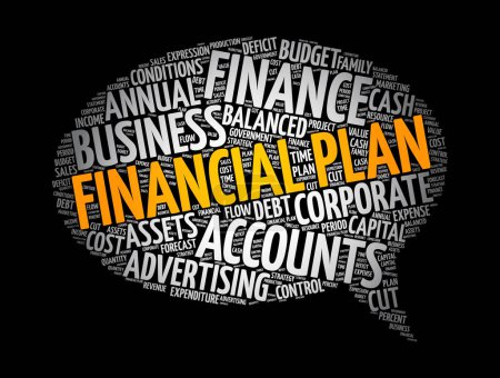 Ilustración de Plan financiero mensaje burbuja palabra nube, fondo concepto de negocio - Imagen libre de derechos