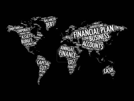Ilustración de Plan financiero palabra nube en forma de mapa del mundo, fondo concepto de negocio - Imagen libre de derechos