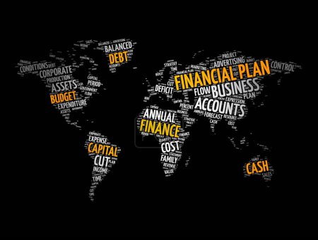 Ilustración de Plan financiero palabra nube en forma de mapa del mundo, fondo concepto de negocio - Imagen libre de derechos