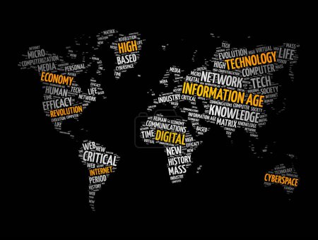 Illustration for Information age word cloud in shape of world map, concept background - Royalty Free Image