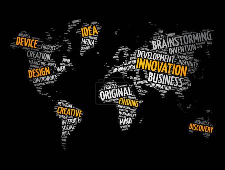 Téléchargez les illustrations : Innovation nuage de mots en forme de carte du monde, arrière-plan de concept d'entreprise - en licence libre de droit