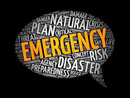 Ilustración de Mensaje de emergencia palabra burbuja nube collage, fondo concepto de salud - Imagen libre de derechos