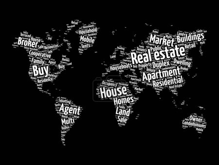 Téléchargez les illustrations : Mot immobilier nuage en forme de carte du monde, arrière-plan de concept d'entreprise - en licence libre de droit