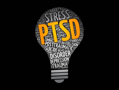 Téléchargez les illustrations : PTSD - trouble de stress post-traumatique ampoule mot nuage collage, concept de santé arrière-plan - en licence libre de droit