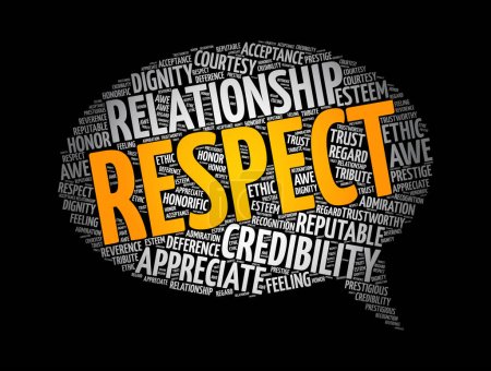 Illustration for Respect - feeling of deep admiration for someone or something elicited by their abilities, qualities, or achievements, word cloud concept background - Royalty Free Image