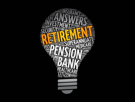 Illustration for Retirement light bulb word cloud collage, concept background - Royalty Free Image